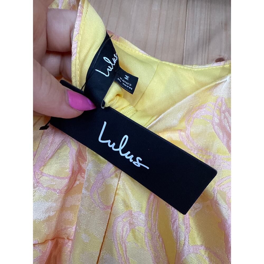 NWT Lulus Meet for Tea Yellow Jacquard Bustier Midi Dress With Pockets Wedding M - Picture 9 of 9